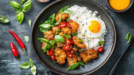 A beautifully plated stir-fried crispy pork with basil, garnished with fresh herbs and red chilies, with rice and a fried egg.