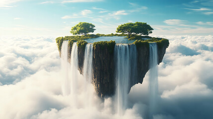 A magical floating island in the sky, with waterfalls cascading into the clouds below 
