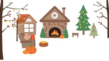 Illustration of cozy autumn and winter elements with hygge quotes in Scandinavian style on white background, illustration, holidays, Scandinavian