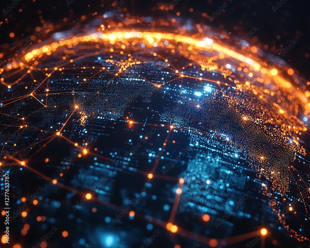 Poster a dynamic, futuristic digital globe interface with illuminated lines and 3d data points, symbolizing