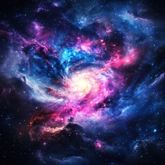 Obraz premium A vibrant cosmic scene featuring swirling galaxies, nebulous clouds of colorful gas, and sparkling stars, evoking the majesty of the universe.