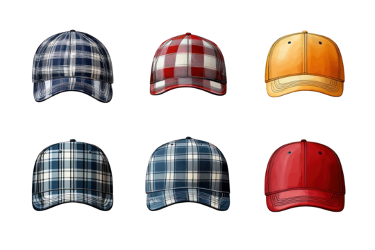 A collection of six colorful hats in various patterns and styles.