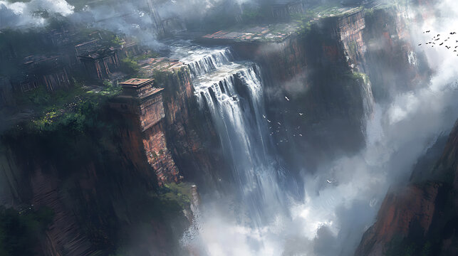 A powerful waterfall crashing into a deep canyon, sending mist into the air 