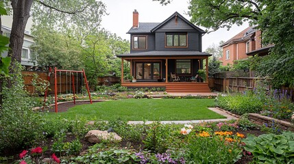 Modern home backyard garden, swing set, landscaping. Use Real estate, home design
