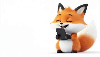 Obraz premium Cute Fluffy Happy Orange Fox Using Talking Phone Smartphone Mobile White Background Copy Space