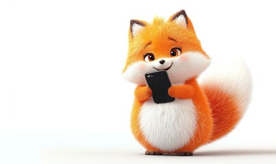 Fototapeta premium Cute Fluffy Happy Orange Fox Using Talking Phone Smartphone Mobile White Background Copy Space