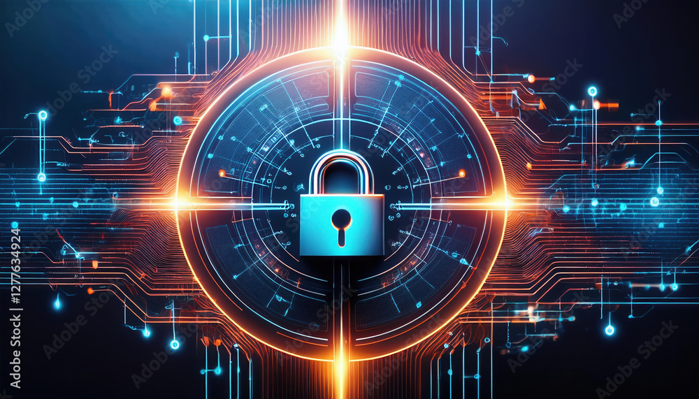 Poster digital lock symbolizing security in blockchain network