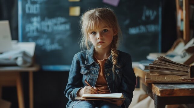 girl writing in notebook classroom setting