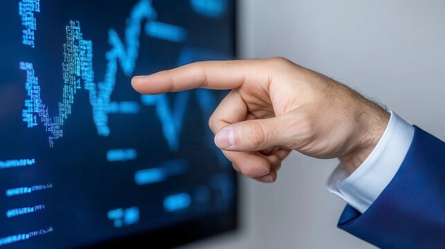 Hand Pointing at Financial Data on Monitor