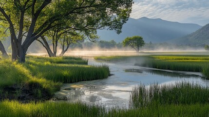 Obraz premium Misty sunrise over calm river, green grass, and mountains.