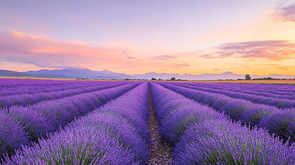 Obraz premium A vast lavender field in full bloom, stretching endlessly under a pastel evening sky 