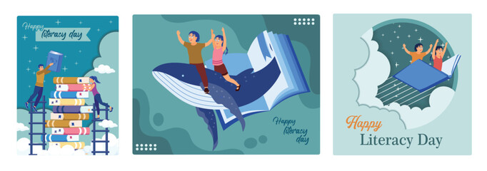 Children's imagination when reading books, children imagine riding a big whale.
