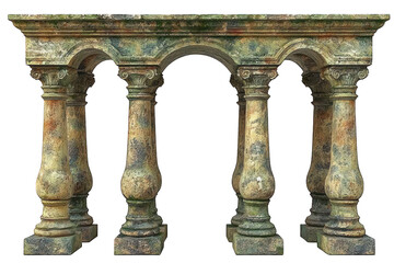 A decorative stone table supported by ornate columns, suitable for outdoor settings.