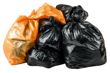 A collection of black and orange garbage bags, indicating waste disposal.