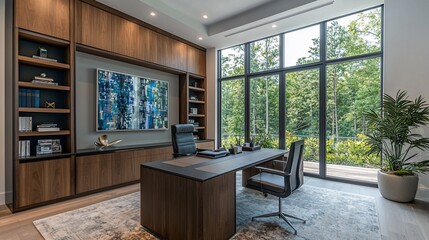 Modern home office with large windows overlooking a lush garden