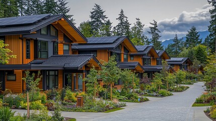 Modern homes, mountain view, solar panels, landscaped street. Real estate listing