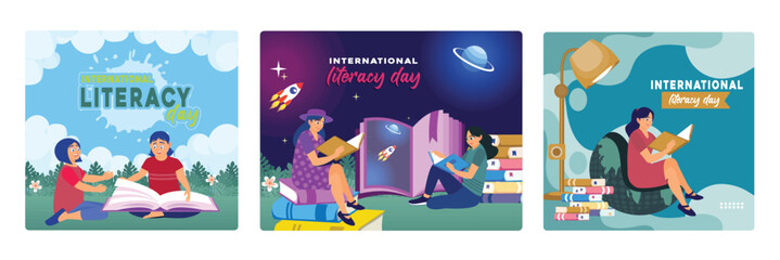 Two young women are reading a book and daydreaming in space.