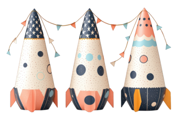 Three colorful rocket illustrations with festive decorations, ideal for children's themes.