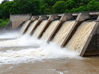 A dam releases water into a river, creating a powerful cascade amidst lush greenery, showcasing nature's balance with human engineering.