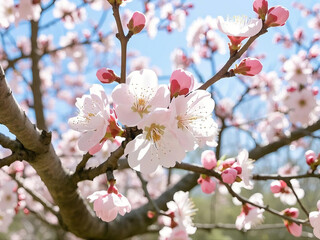 Fototapeta premium The most commonly cultivated apricot species - Prunus armeniaca.Pink purple spring flowers. Prunus armeniaca flowers with five white to pinkish petals.