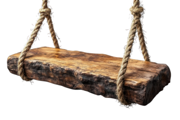 A rustic wooden swing suspended by thick ropes, ideal for outdoor leisure and relaxation.
