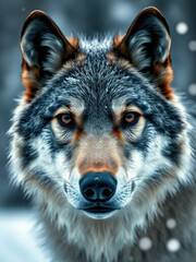 A close-up shot of a timber wolf's face with its nose and eyes exposed as it sniffs the air during winter, frosty atmosphere, snowy environment., natural habitat, ice-encrusted whiskers