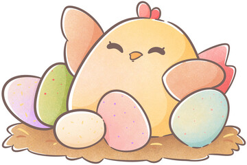 A hen sitting on her easter eggs.