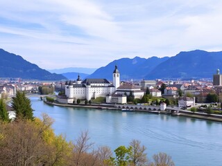 Fototapeta premium Panoramic view of Salzburg skyline with Festung Hohensalzburg and River Salzach, Salzburger Land, Austria, river Salzach, panoramic, Austria