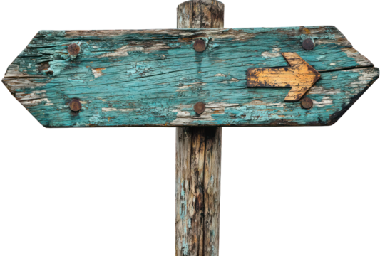 A weathered wooden signpost with an arrow pointing right, suggesting direction or guidance.