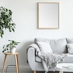Modern living room interior with framed mirror, plants, and gray sofa