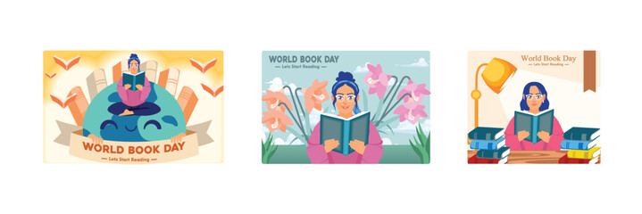 Woman reading a book during World Book Day celebration.