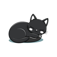 Cute Cartoon Black Cat Sleeping Curled Up - Vector Illustration on White Background