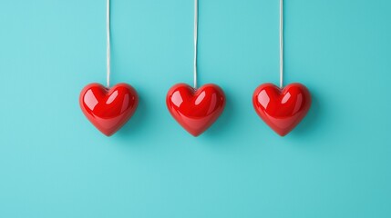 Trio of Glossy Red Hearts Hanging Against a Light Blue Background for Valentine's Day Decor