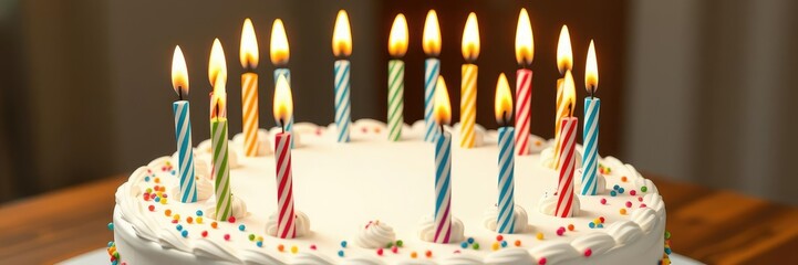 A colorful birthday cake with 21 candles placed in a circular pattern on top of the cake, celebratory scene, party ambiance
