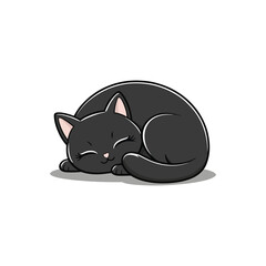 Black Cat Sleeping Cozily in Ball Shape - Cartoon Vector Art on White