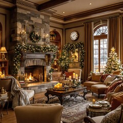 A cozy and inviting living room scene with a large stone fireplace surrounded by comfortable furniture and warm holiday decorations, evergreen tree, candles, garland