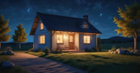 A cozy little cottage under a clear blue starry sky , relaxing, landscape, rustic
