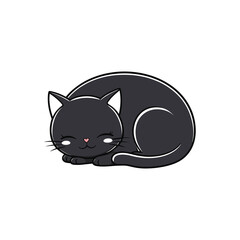 Cute Black Cat Curled Up Sleeping - Cartoon Vector Design on White Background