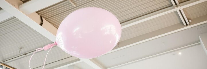 A large inflated balloon tied to a metal rod hung from the ceiling, helium filled balloon, birthday decorations