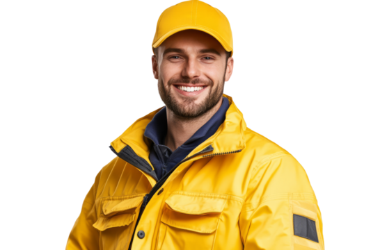 Smiling Delivery Worker in Yellow Uniform