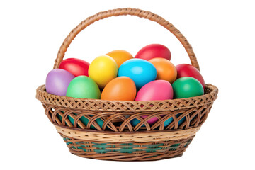 Wicker basket filled with colorful Easter eggs, vibrant hues, isolated, celebration and festivity
