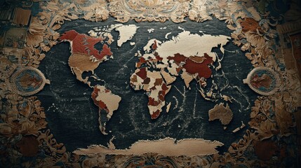 Naklejka premium A vintage-style world map featuring detailed geographical outlines in earthy tones, providing a classic, artistic representation of the globe.
