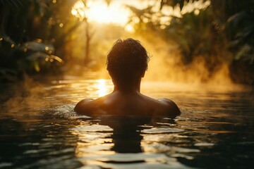 Serene Sunrise Nature Reflection: Wellness and Tranquility in a Tropical Jungle Retreat