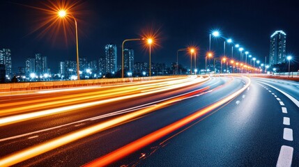 Dynamic Nightscape Captures Urban Highway with Light Trails and City Skyline at Twilight Hour in Long Exposure