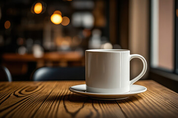 Obraz premium White ceramic mug mockup on a rustic wooden table with warm ambient lighting