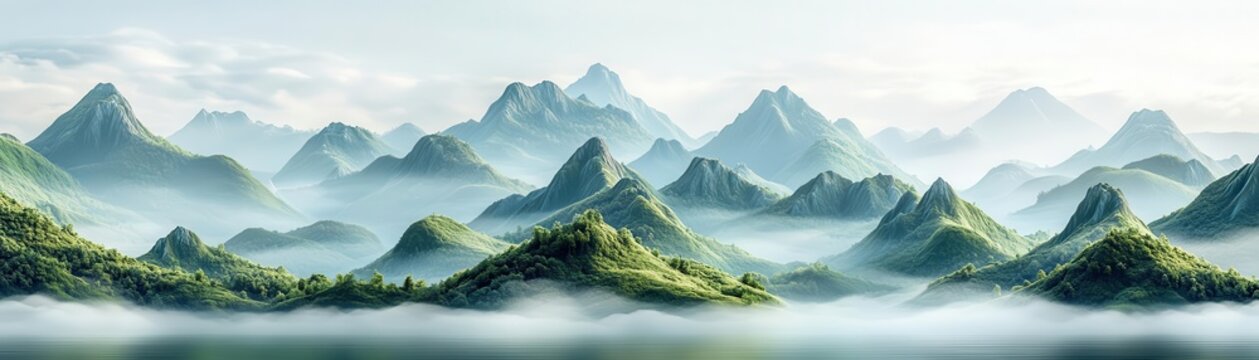 Layered mountain range with mist and depth flat design side view adventure theme 3D render vivid