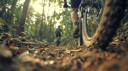 Mountain bikers ride jungle trail, sunlit canopy, adventure