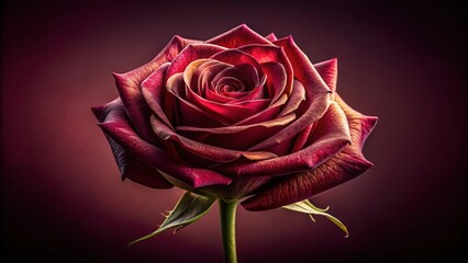 A Single Dark Red Rose, Exquisitely Detailed and Beautifully Illuminated Against a Rich, Deep Burgundy Background