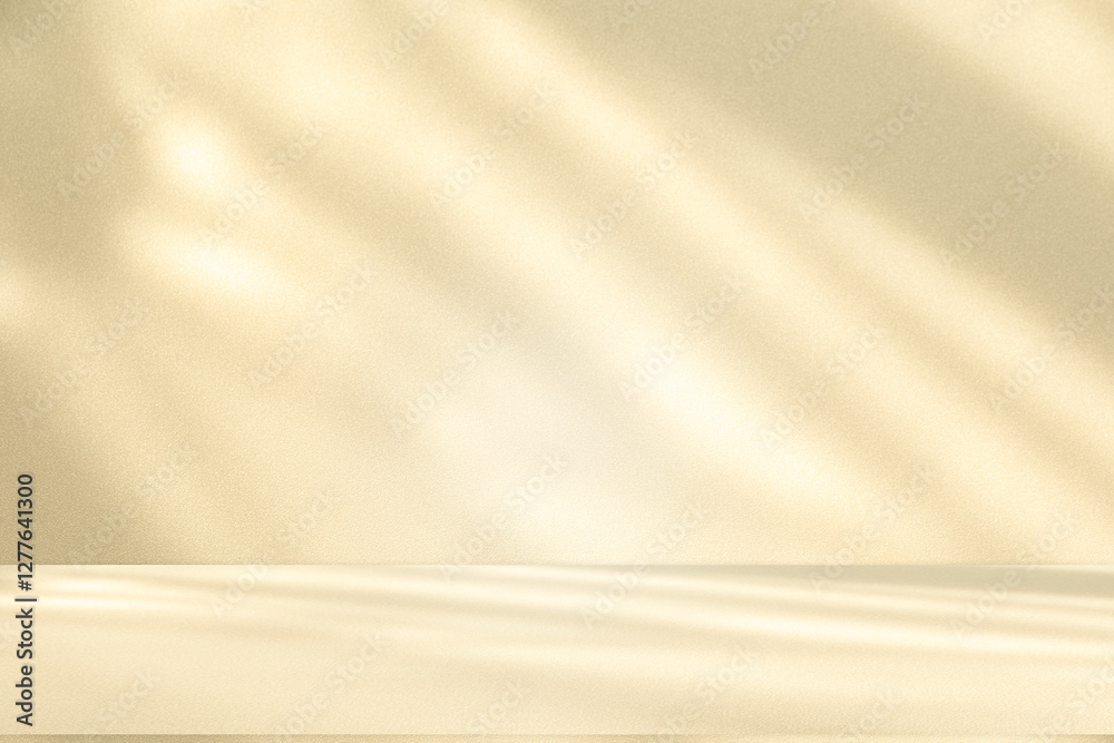 Poster Wall interior background, studio and backdrops show products. with leaf shadow from window color beige and white. background for text insertion and presentation of product	