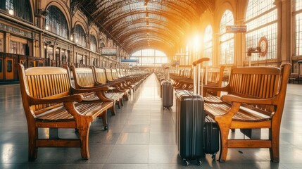 Vintage Train Station Interior with Wooden Benches and Luggage